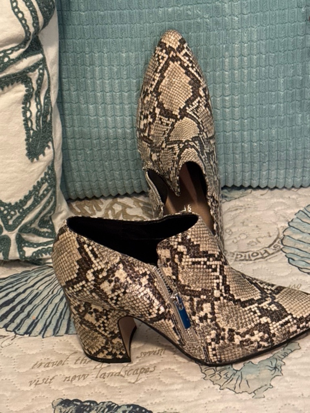 Michael Shannon Snake-Print Pointed Toe Ankle Boots in Beige and Brown